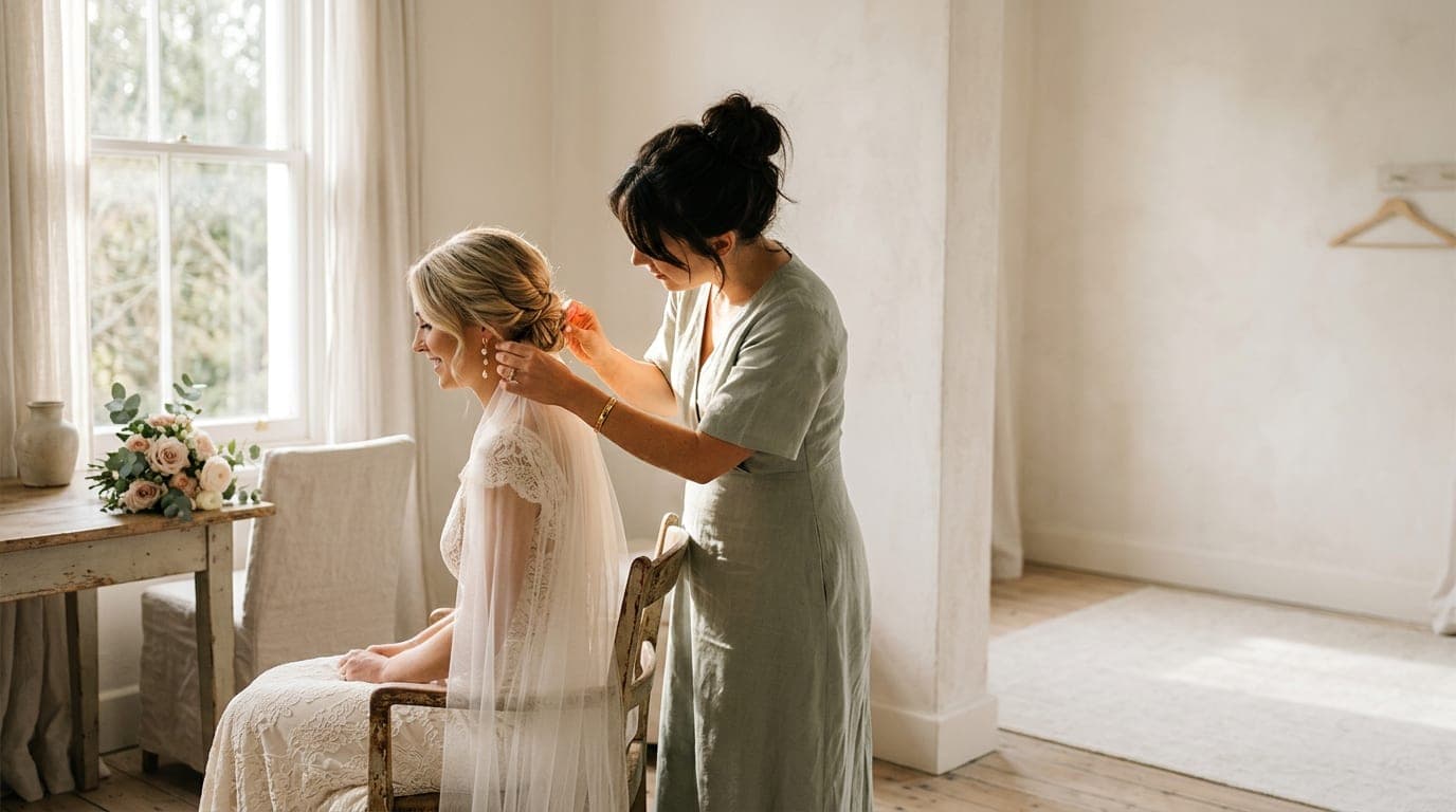 A bridal preparation moment in a naturally lit room, showing careful attention to detail in wedding day styling.
